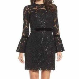 sz 10, NWT Tadashi Shoji Bell Sleeve Rose & Sequin Lace Sheath Dress Black